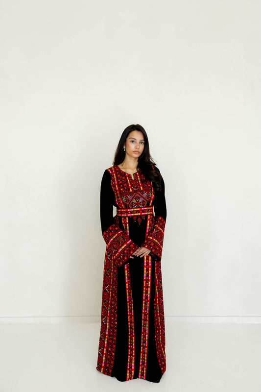 Thobe Tradizionale Palestinese Di Lusso – Taglia 14-16 – Nero Ricamato – Abito Lungo Donna - Foto 5